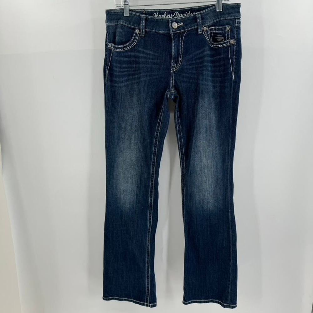 Harley Davidson Size 10 Tall Blue Embellished Thick Stitch Bootcut Jeans